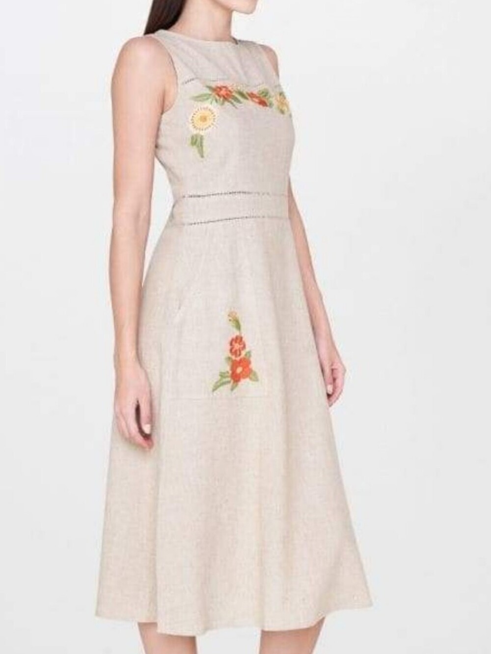 AND Natural Dress Cream Midi Dress with Floral Embroidery Size 14